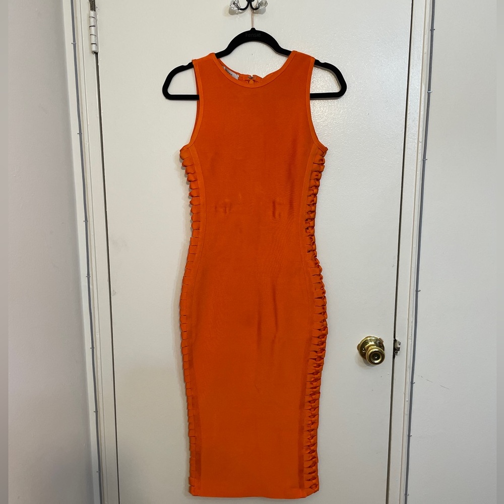 HOUSE OF CB MARTINIQUE ORANGE BANDAGE DRESS WITH SIDE CUTEOUTS